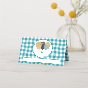 Teal Blue Gingham Glitter Balloons Folded Table  Place Card