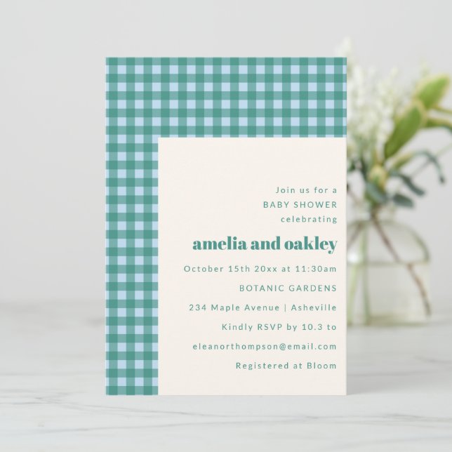 Teal Blue Gingham Modern Couples Baby Shower Invitation (Standing Front)