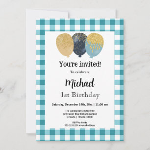 Teal Blue Gingham, Party Balloons 1st Birthday Invitation