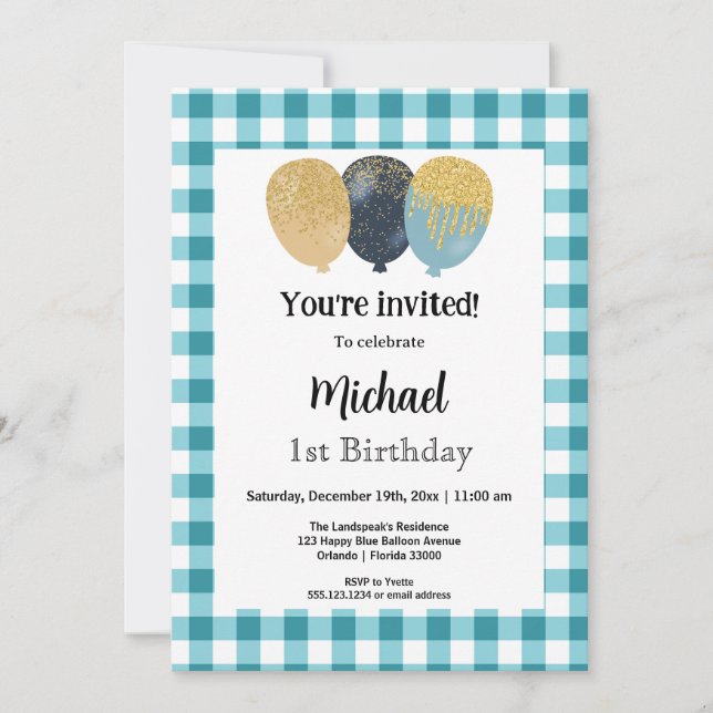 Teal Blue Gingham, Party Balloons 1st Birthday Invitation (Front)