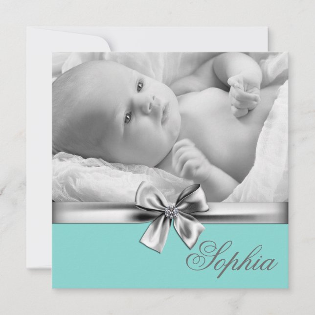 Teal Blue Girls Photo Birth Announcements (Front)