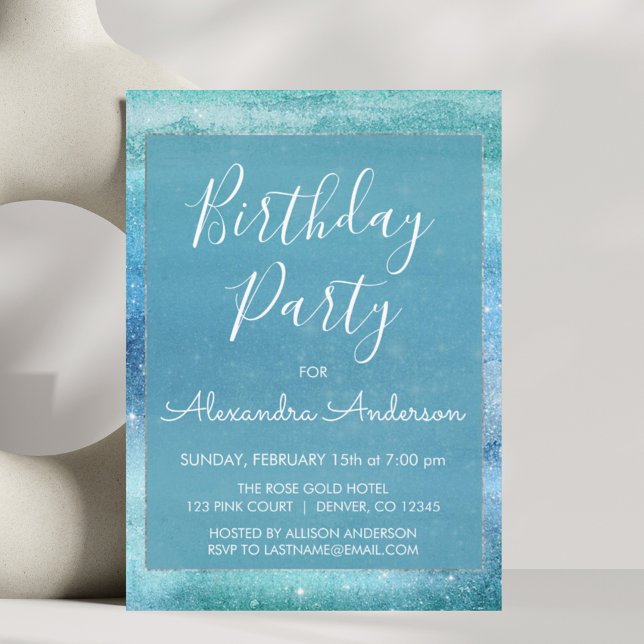 Teal Blue Girly Glitter Sparkle Any Age Birthday Invitation (Creator Uploaded)