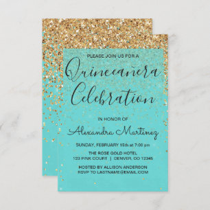 Teal Blue Girly Glitter Sparkle Quinceanera Invitation