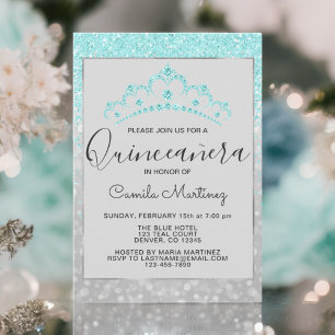 Teal Blue Girly Glitter Sparkle Quinceanera Invitation