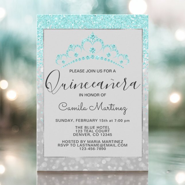 Teal Blue Girly Glitter Sparkle Quinceanera Invitation (Creator Uploaded)