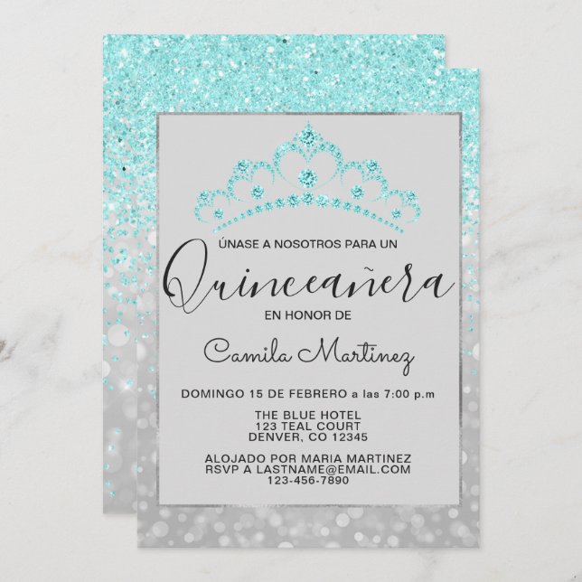 Teal Blue Girly Glitter Sparkle Quinceanera Invitation (Front/Back)