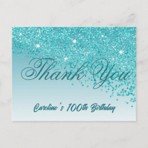 Teal Blue Glitter, 100th Birthday Thank You Postcard
