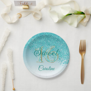 Teal Blue Glitter, 16 Glitter, Sweet 16 Birthday Paper Plate