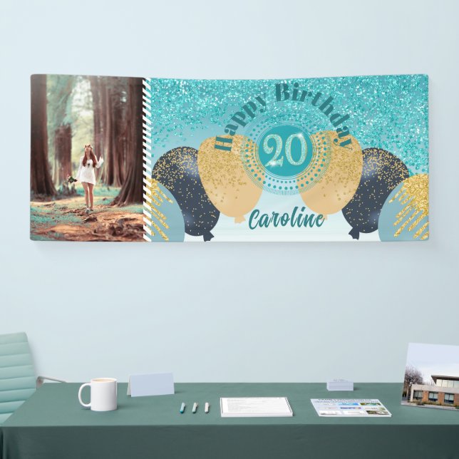 Teal Blue Glitter 20th Birthday & Balloons  Banner (Tradeshow)