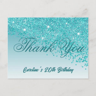 Teal Blue Glitter, 20th Birthday Thank You Postcard