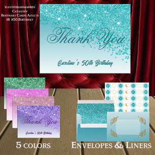 Teal Blue Glitter, 50th Birthday Thank You Postcard