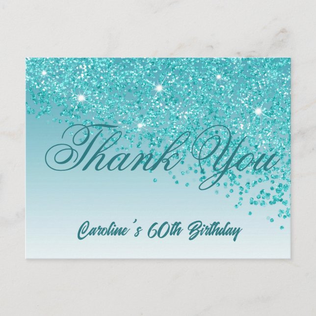Teal Blue Glitter, 60th Birthday Thank You Postcard (Front)