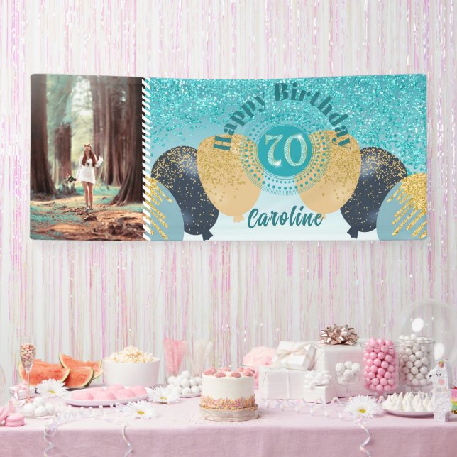 Teal Blue Glitter 70th Birthday & Balloons  Banner (Party)