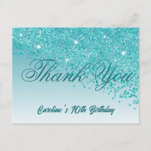 Teal Blue Glitter, 70th Birthday Thank You Postcard