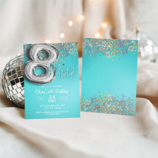 teal blue Glitter 8th Birthday Invitation