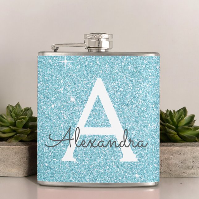 Teal Blue Glitter and Sparkle Monogram Hip Flask (Creator Uploaded)