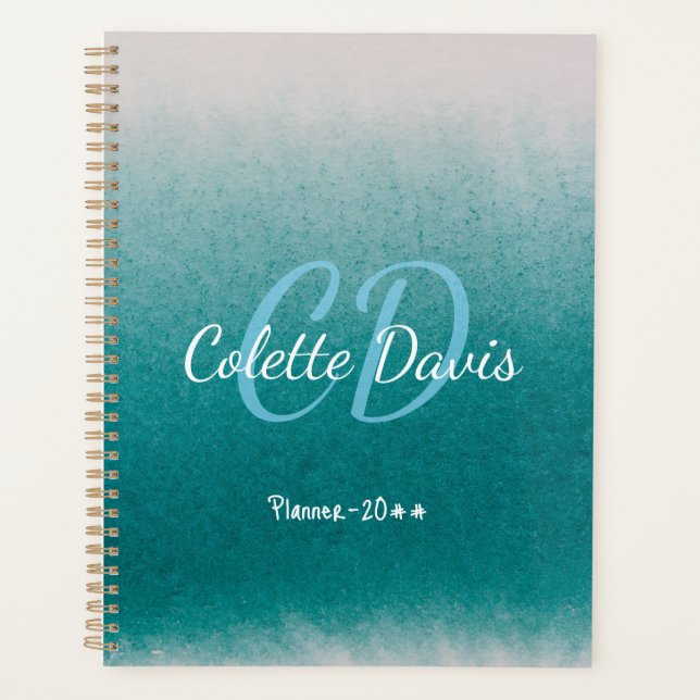 Teal Blue Glitter Aqua Green Custom Name Planner (Front)