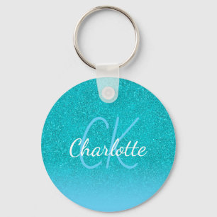 Teal blue glitter aqua green monogram initials key ring