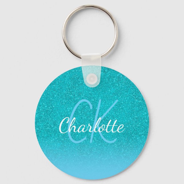 Teal blue glitter aqua green monogram initials key ring (Front)