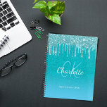 Teal blue glitter aqua green name planner<br><div class="desc">A teal,  blue sea,  ocean green glitter gradient background. Decorated with faux glitter drips,  paint dripping look. Personalise and add a name,  monogram letters and a title/year. A modern hand lettered style script,  white and blue letters</div>