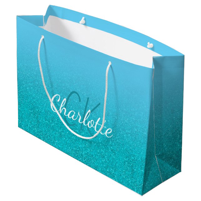 Teal blue glitter aqua monogram name birthday large gift bag (Back Angled)