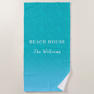 Teal blue glitter aqua sea green beach house name towel