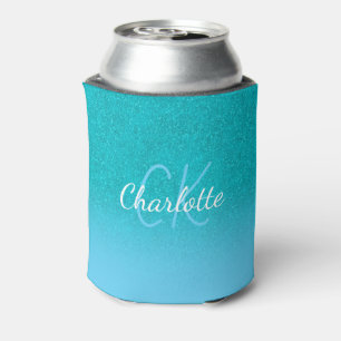 Teal blue glitter aqua sea green monogram can cooler