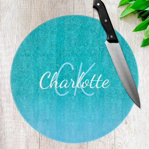 Teal blue glitter aqua sea green monogram cutting board