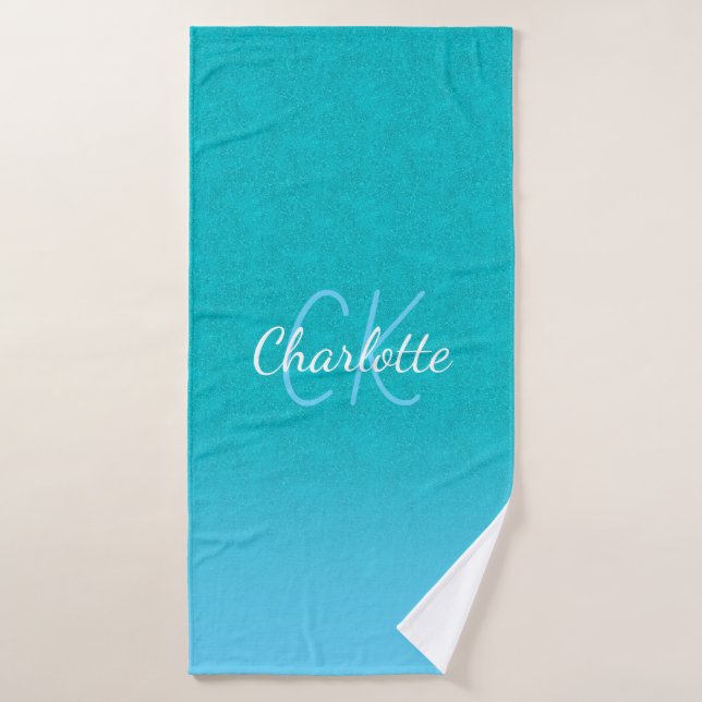 Teal blue glitter aqua sea green monogram initials bath towel (Bath Towel)