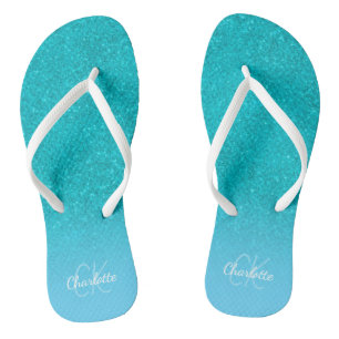 Teal blue glitter aqua sea green monogram initials jandals