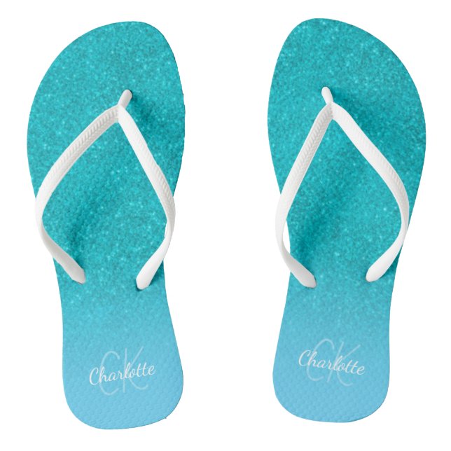 Teal blue glitter aqua sea green monogram initials jandals (Footbed)