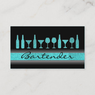 Teal blue glitter bartender drinks business card