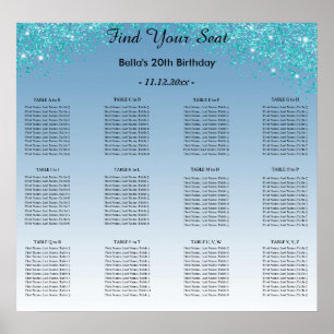 Teal Blue Glitter Birthday Alphabetic Seating Plan Poster