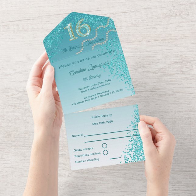 Teal Blue Glitter Calligraphy Number Sweet 16 All In One Invitation (Tearaway)