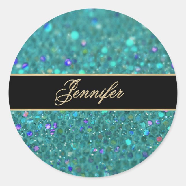 Teal Blue Glitter Classic Round Sticker (Front)