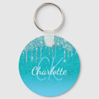 Teal blue glitter drips aqua green monogram
