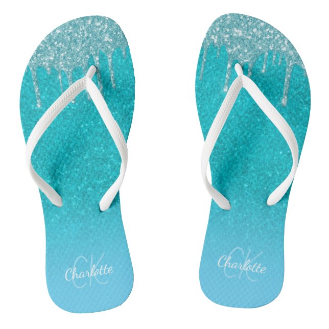 Teal blue glitter drips aqua sea green monogram jandals (Footbed)