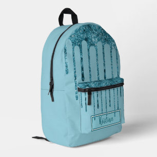Teal Blue Glitter Drips on Sky Blue Printed Backpack