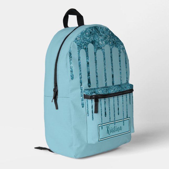 Teal Blue Glitter Drips on Sky Blue  Printed Backpack (Back Corner Left)