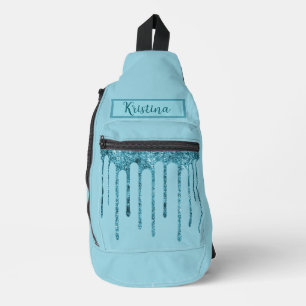 Teal Blue Glitter Drips on Sky Blue Sling Bag