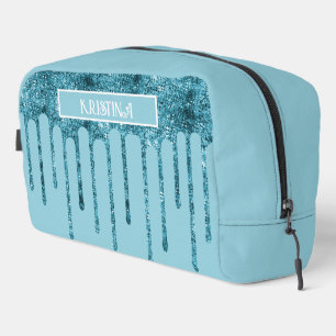 Teal Blue Glitter Drips on Sky Blue Toiletry Bag