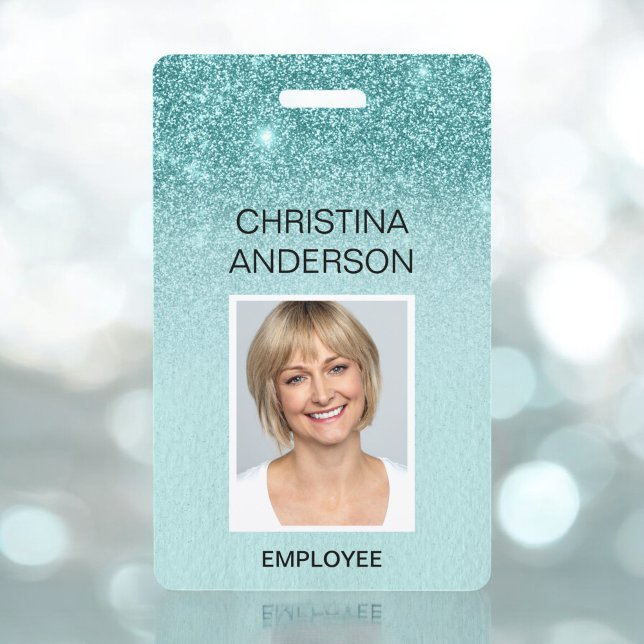 Teal Blue Glitter Employee Name Photo Corporate ID Badge (Creator Uploaded)