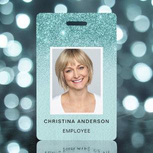 Teal Blue Glitter Employee Name Photo Corporate ID Badge
