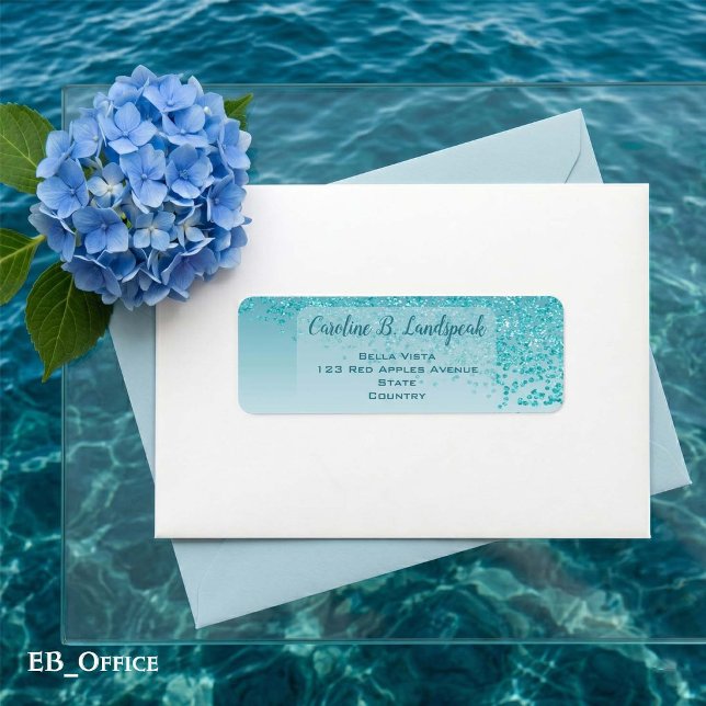 Teal Blue Glitter Frosted Elegant Return Address (Teal Blue Glitter Labels: 
2.25” L x 0.75” W
•	30 labels per sheet
•	Sheet: 8.5” L x 11” W
)