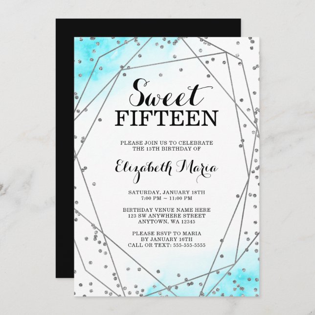 Teal Blue Glitter Geometric Sweet 15 Quinceañera Invitation (Front/Back)