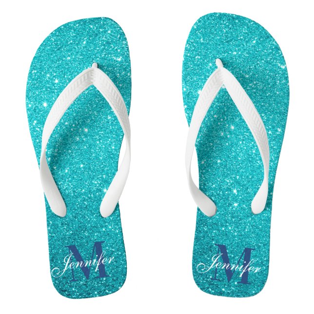  Teal Blue Glitter Glam Monogrammed Jandals (Footbed)