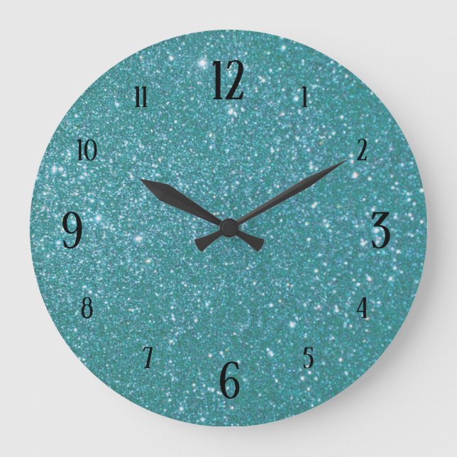 Teal Blue Glitter Glam with Black Numbers Large Clock (Front)