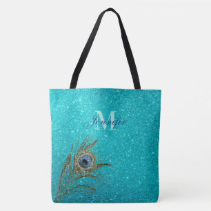  Teal Blue Glitter Glam with Peacock Feather Tote 