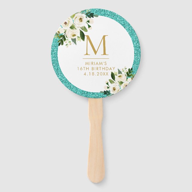 Teal Blue Glitter Grey Floral Monogram Hand Fan (Front)