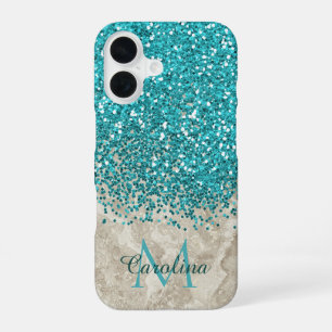 Teal Blue Glitter, Grey Marble Mobile iPhone 16 Case